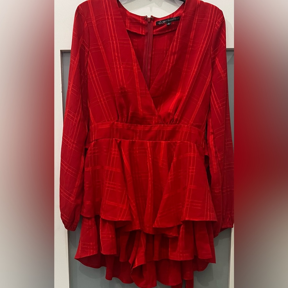 LOVE COUTURE Red Plaid Long Sleeve Dress Tiered Dress Size Jrs L